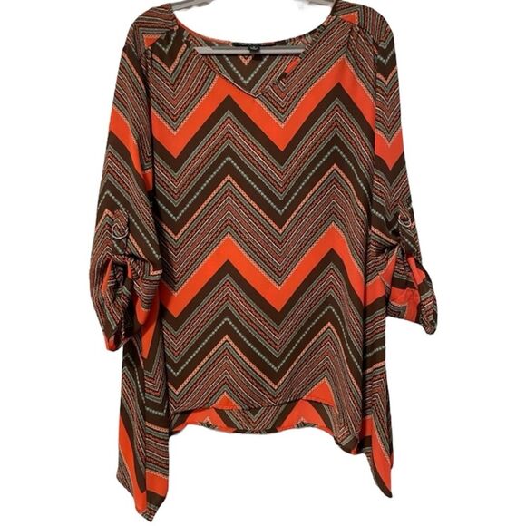 Zac & Rachel Chevron Roll Tab Sleeve V-Neck Blouse Tunic Brown Orange Size Large - Picture 1 of 11